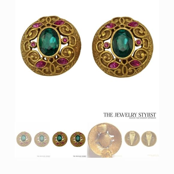 Vintage Style Dome Goldtone Clip On Earrings With Pink And Emerald Green Stones - Picture 4 of 7